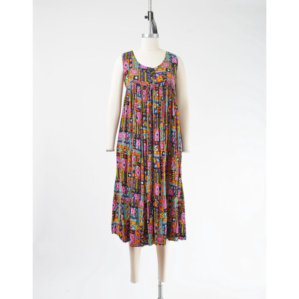Vintage 90s Rayon Gauze Patchwork Dress Boho Artsy Mixed Print Pocket Dress S - Picture 2 of 9